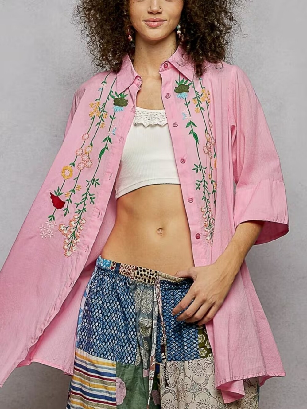POL Pink Embroidered Button-Up Tunic Top